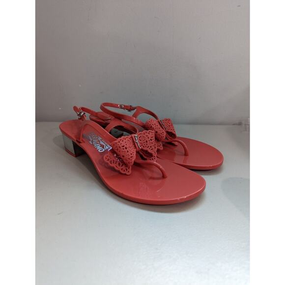 Salvatore Ferragamo Size 9 Perala Bow Strap Jelly Thong Sandals Coral - Picture 2 of 12